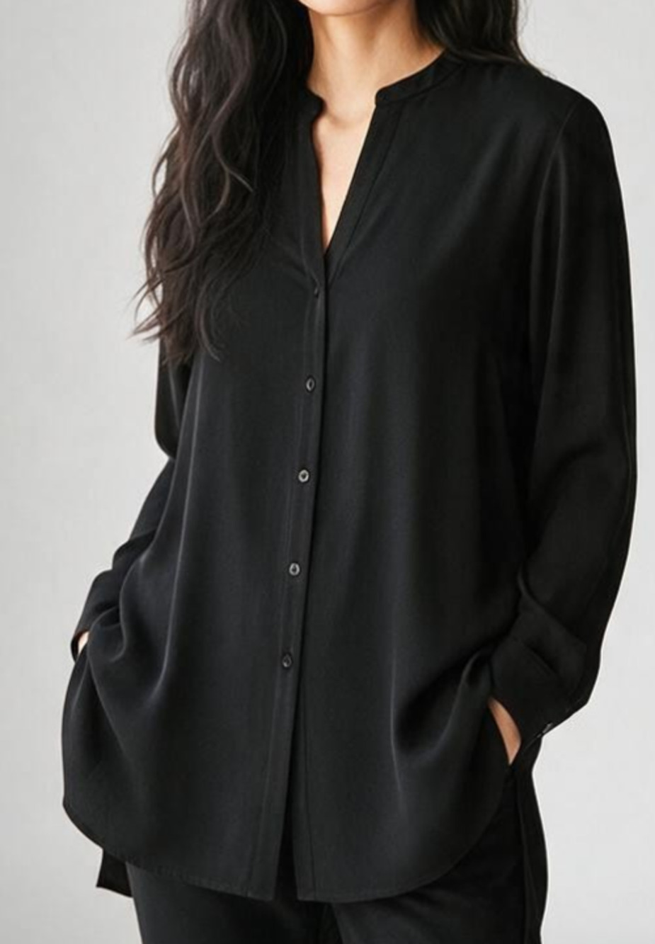 A4 Auth EILEEN FISHER V-Neck Button Down Silk Black Oversized Blouse Top Size XL